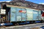 RhB - Gbk-v 5516 am 31.03.1996 in Samedan - Gedeckter Gterwagen 2-achsig mit 1 offenen Plattform CARGO DOMIZIL - Baujahr 1911 - LOUV/RhB - Gewicht 7,66t - Zuladung 12,50t - LP 8,49m - zulssige Geschwindigkeit 75 km/h - 2=01.02.1990 - Beschriftung: deutsch - Lebenslauf: ex K1 5516 - 1969 Gbk 5516 - 1974 Gbk-v 5516
