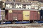 RhB - Gb 5079 am 31.03.1996 in Samedan - Gedeckter Gterwagen 2-achsig mit 1 offenen Plattform - Baujahr 1963 - JMR - Gewicht 7,52t - Ladegewicht 15,00t - LP 9,14m - zulssige Geschwindigkeit Aufkleber 70 km/h - 2=09.10.1989 - Lebenslauf: ex K 5079 - 1969 Gb 5079 - 03/1997a - 07/1997 Lb-v 7857 - Hinweis: genderte zulssige Geschwindigkeit, gescanntes Dia
