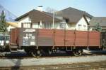 RhB - Ek 6032 am 12.04.1992 in Bonaduz - Hochbordwagen 2-achsig mit 1 offenen Plattform - Baujahr 1903 - MAN - Gewicht 5,26t - Zuladung 10,00t - LP 7,49m - zulssige Geschwindigkeit Aufkleber 60 km/h - 2=17.03.1987 - Lebenslauf: L 1032 - 1911 L 6032 - 1969 Ek 6032 - 06/1995 vk an DFB X 2932 - 2005 an Verein Nagold/D.
