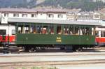 RhB - A 1102 am 23.09.1989 in Samedan - Historischer 1.Klasse Personenwagen 2-achsig mit Seitengang - Baujahr 1903 - SIG - Fahrzeuggewicht 10,27t - Sitzpltze 24 - LP 10,44m - zulssige Geschwindigkeit 60 km/h - 2=20.05.1989 - Lebenslauf: ex A 9 - 1911 A 24 - 1951 B 24 - 1956 B 2124 - 1962a - 1972 A 1102. Hinweis: noch ohne Anschrift Raucher/Nichtraucher, gescanntes Dia
