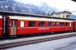 RhB - A 1240 am 31.05.1992 in St.Moritz - 1.Klasse Einheitspersonenwagen Typ I - bernahme 30.11.1965 - FFA/SIG - Fahrzeuggewicht 18,00t - Sitzpltze 36 - LP 18,42m - zulssige Geschwindigkeit 90 km/h - Logo RhB in deutsch. Hinweis: noch Griffstangen neben den Tren, Klassezahlen klein, hoher Anschriftenblock, dnne Betriebsnummern, gescanntes Dia
