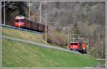 Bei der Verzweigung der Engadiner und der Oberlnder Linie treffen sich die S1 1554 aus Thusis und die Ge 6/6 II 703  St.Moritz  aus Ilanz. (12.04.2012)
