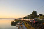 Die Re 450 058-3 fährt beim ersten Sonnenlicht des Tages als S25 zwischen Richterswil und Wädenswil vorüber. 06.07.2017