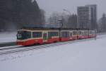 Bei starkem Schneefall fhrt am 29.1.10 ein Zug mit dem Be 4/6 72 und dem Be 4/6 69 von Zollikerberg Richtung Waltikon.