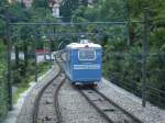 In Streckenmitte kreuzen wir inmitten von Palmen den Wagen 1 der FLMS, der talwrts Richtung Locarno fhrt.