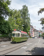 Erster Betriebstag der Stiftung BERNMOBIL historique am 24. Juni 2018. <br>
Ce 4/4 107 zwischen Brunnhof und Cäcilienstrasse auf dem steilsten Abschnitt des Berner Tramnetzes.