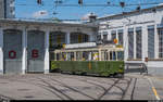 Betriebstag BERNMOBIL historique am 23. Juni 2019.<br>
Standardwagen Be 4/4 621 mit Anhänger B 337 verlässt das Depot Eigerplatz.