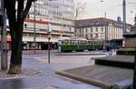 Zug der Berner Straßenbahnlinie 3  mit Schweizer Standardwagen (Baureihe Be 4/4 ?) am Bubenberg-Platz (evtl. 1986)