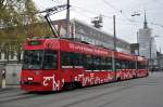 Be 4/8 mit der Betriebsnummer 737 und einer Werbung: 125 Jahre Visionen fr die Zukunft, auf der Linie 7 beim Bubenbergplatz.