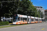 Be 6/10 Tango 177 mit der Migros Werbung, auf der Linie 11, bedient am 08.07.2024 die Haltestelle am Aeschenplatz.