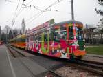 Wrend der Basler Fasnacht fhrt die Linie 10 nur bis zur Heuwaage. Hier stehen zwei Be 6/8 und ein B4 an der Station in Ettingen. Die Aufnahme stammt vom 16.03.2011.