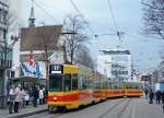 BLT: Tramzug der Linie 17 in Richtung Wiesenplatz mit Be 4/8 254 und Be 4/6 106 auf dem Claraplatz am 6. Februar 2015.
Foto: Walter Ruetsch