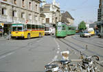 Basel BVB Tramlinie 1 (SWP/BBC Be 4/4 411) Centralbahnstrasse / Centralbahnplatz / Basel SBB am 21. Juli 1988. - Scan eines Farbnegativs. Film: Kodak GB 200. Kamera: Minolta XG-1.