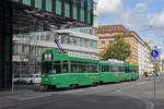 Doppeltraktion, mit dem Be 4/4 487, dem B4S 1463 und dem Be 4/4 488, auf der Linie 6, verlässt die Haltestelle Gewerbeschule Richtung Messeplatz.