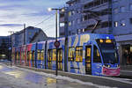 Be 6/8 Flexity 5004 mit der Werbung  Geneinsam gegen Corona , auf der Linie 14, steht an der Endstation in Pratteln. Die Aufnahme stammt vom 19.01.2021. 