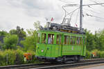 Für die Tramparade der BVB anlässlich der Feierlichkeiten  175 Jahre Schweizer Bahnen  verlässt der Be 2/2 126 das Depot Dreispitz Richtung Münchensteinerstrasse.