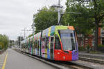 Be 6/8 Flexity 5042  Flaneur Stadt Zauber , auf der Linie 6, fährt am 26.08.2024 bei der Haltestelle Habermatten ein. Aufnahme Riehen.