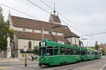 Doppeltraktion, mit den Be 4/4 497 und 499 zusammen mit dem B4S 1491, auf der Linie 2, verlässt am 16.09.2024 die Haltestelle Wettsteinplatz. Aufnahme Basel.