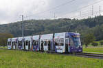 Be 6/8 Flexity 5028 mit der Werbung für die Fussball EM der Frauen 2025 in der Schweiz, auf der Linie 14, fährt am 05.10.2024 zur Haltestelle Rothausstrasse. Aufnahme Muttenz.