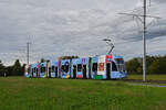 Be 6/8 Flexity 5034 mit der Werbung für Universitäres Zentrum Basel für Zahnmedizin (UZB), auf der Linie 14, fährt am 30.09.2024 zur Haltestelle Lachmatt. Aufnahme Muttenz.