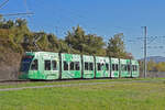 Be 6/8 Flexity 5030 mit einer Eigenwerbung für nachhaltigen und Klimaneutralen Öffentlichen Verkehr, auf der Linie 14, fährt am 21.10.2024 zur Haltestelle Rothausstrasse. Aufnahme Muttenz.