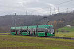 Be 4/6 Flexity 6005, auf der Linie 14, fährt am 02.12.2024 zur Haltestelle Rothausstrasse. Aufnahme Muttenz.