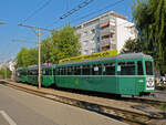 Dreiwagenzug, mit dem Be 4/4 502, dem B4S 1505 und dem B4 1453, auf der Linie 14, wartet am 08.09.2009 an der Endstation in Pratteln.