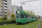 Doppeltraktion, mit den Be 4/4 489 und 498 zusammen mit dem B4S 1505, auf der Linie 2, fährt am 08.11.2024 zur Haltestelle Hirzbrunnen/Claraspital. Aufnahme Basel.