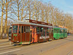 Be 4/4 457 zusammen mit dem B4S 1490 mit der Werbung für Michael Kors, auf der Linie 2, fährt am 29.02.2012 zur Haltestelle Margarethen. Aufnahme Basel.