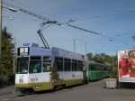 An der Endstation der Linie 3 wartet der Werbewagen 479 auf seine Abfahrtszeit. Wagen 479 macht Werbung fr die Industriellen Werke Basel. Die Aufnahme stammt vom 24.10.2009.