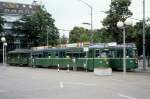 Basel BVB Tram 1 (Be 4/6 614 + B3 1328) / Tram 4 (Be 4/4 420) Messeplatz am 28. Juni 1980.