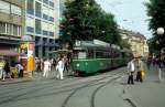 Basel BVB Tram 14 (Be 4/6 611) Untere Rebgasse / Claraplatz am 7. Juli 1990.
