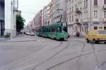 Basel BVB Tram 6 (SWP/SIG/BBC/Siemens Be 4/4 491) Clarastrasse / Messeplatz am 7. Juli 1990. - Scan von einem Farbnegativ.