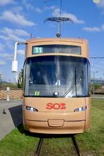 Frontanischt des Be 5/6 3030 der VBZ im SOB Traverso Werbekleid am 4.4.23 bei der Endhaltestelle Zürich Auzelg.