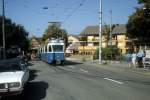 Basel BVB Tram 3 (Be 4/6 1685) Albisrieden, Pntstrasse im Juli 1983.