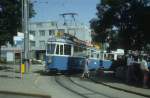 Zrich VBZ Tram 6 (Be 4/4 1377) Kirche Fluntern im Juli 1983.