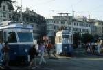 Zrich VBZ Tram 3 (SIG/MFO/SAAS-Be 4/6 1687) / Tram 4 (SWS/MFO-Be 4/4 1362) Central am 20. Juli 1990.