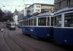 Zrich VBZ Tram 9 (Be 4/6) / Tram 5 (Be 4/4 1415 + B 763) Heimplatz am 18. Februar 1994.