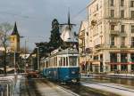 VBZ: Be 4/4 1392-1415, (1947-1954) + B 4 auf der Linie 4 nach Tiefenbrunnen unterwegs im Dezember 1985.