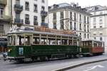 AGMT Association Genevoise du Musée des Tramways: Be 4/4 67 (Herbrand/AEG 1901 und Rekonstruktion CGTE/Sécheron 1936) + B 369 (SIG 1920), abgestellt während der Mittagspause, Rue