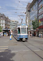 Zürich VBZ Tramlinie 14 (SWS/BBC-Be 4/6 2007, Bj. 1976) Badenerstrasse / Stauffacherstrasse am 26. Juli 1993. - Scan eines Farbnegativs. Film: Kodak Gold 200-3. Kamera: Minolta XG-1.