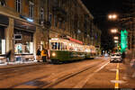 Anlässlich der Museumsnacht am 15.03.2024 ist SVB Be 4/4 107 auf dem Tramnetz unterwegs und konnte hier an der Haltestelle Bern, Schwanengasse aufgenommen werden