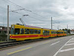 Doppeltraktion, mit dem Be 4/8 251 und dem Be 4/6 264, auf der Linie 10, fährt am 06.08.2011 zur Haltestelle Münchensteinerstrasse.