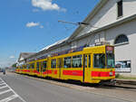 Doppeltraktion, mit dem Be 4/8 222 und dem Be 4/6 135, auf der Linie 11, fährt am 02.07.2011 zur Haltestelle Dreispitz.