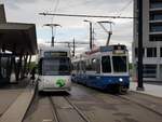 Linie 9 Wagennummer 2001 beim Bahnhof Stettbach. Wegen Unwetterschäden war der Streckenabschnitt nach Hirzenbach gesperrt und die Linie 9 wendete beim Bahnhof Stettbach. Datum: 13. 7. 2021