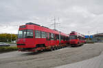 Am 12.11.2024 stehen die Vevey Trams 738 und 739 von Bernmobil verladen am Zoll in Rheinfelden und warten auf die Weiterfahrt nach Liwiw in der Ukraine.