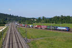 Güterzug von SBB CARGO INTERNATIONAL mit geänderter Last (normal LKW-WALTER) mit den Vectrons 193 525 «Hollandlok» und der 193 259 bei Roggwil am 17. Mai 2020.
Foto: Walter Ruetsch 

