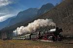 Damplok 50 3673 mit einem Sonderzug von Locarno nach Sissach bei Chironico.Bild vom 7.3.2015