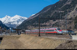 Ein Trenitalia ETR 610 durchfährt am 26. März 2016 als EC 17 Zürich HB - Milano Centrale den Bahnhof Ambri-Piotta.