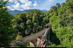 Eine Doppeltraktion SBB ETR 610 als EC 321 Zürich HB - Chiasso am 19. Juni 2020 auf dem Piantorino-Viadukt an der Ceneri-Nordrampe.
